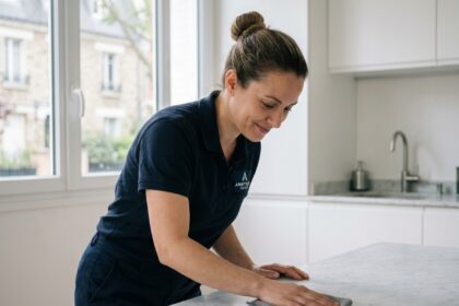 Professionnelle du ménage à domicile essuyant un plan de travail dans une cuisine moderne à Rueil-Malmaison