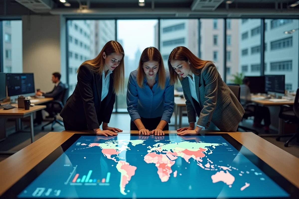 Équipe d'analystes financiers étudiant une carte mondiale interactive de classement des pays par PIB
