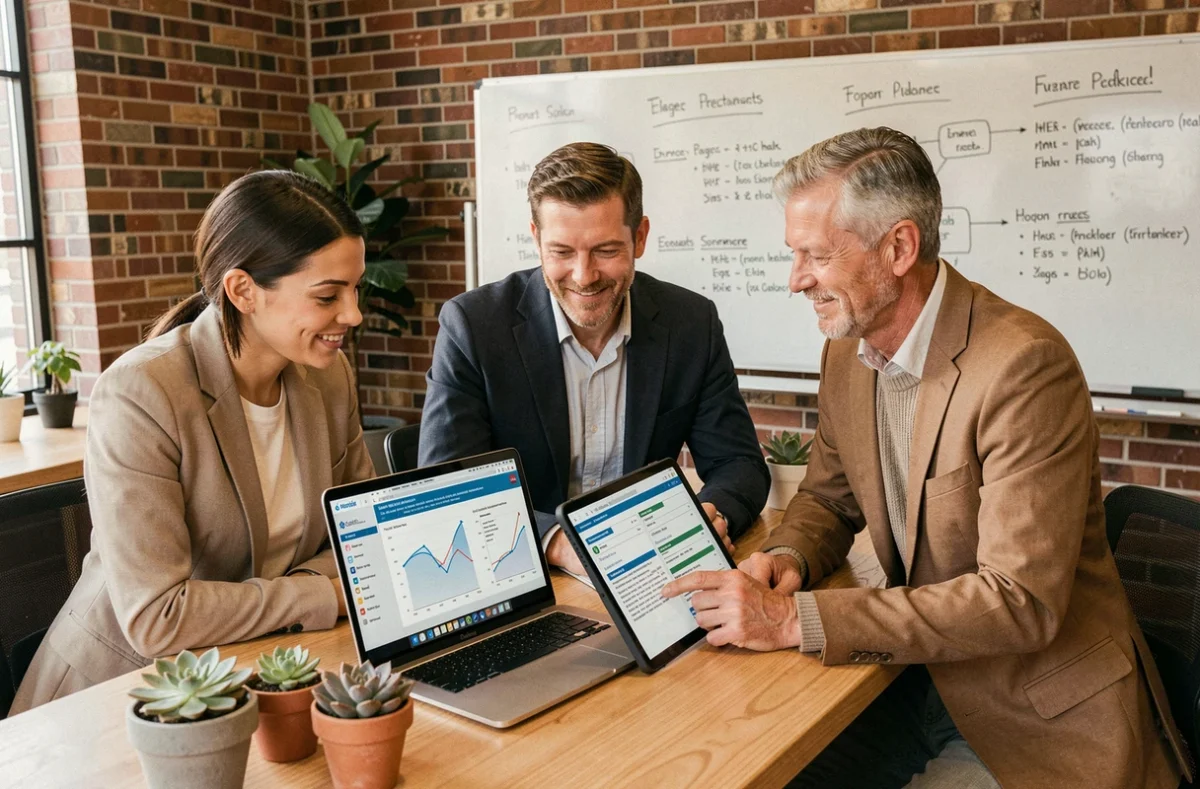 Équipe de professionnels collaborant sur les démarches réglementaires pour la création d'une SCPI dans un espace de coworking