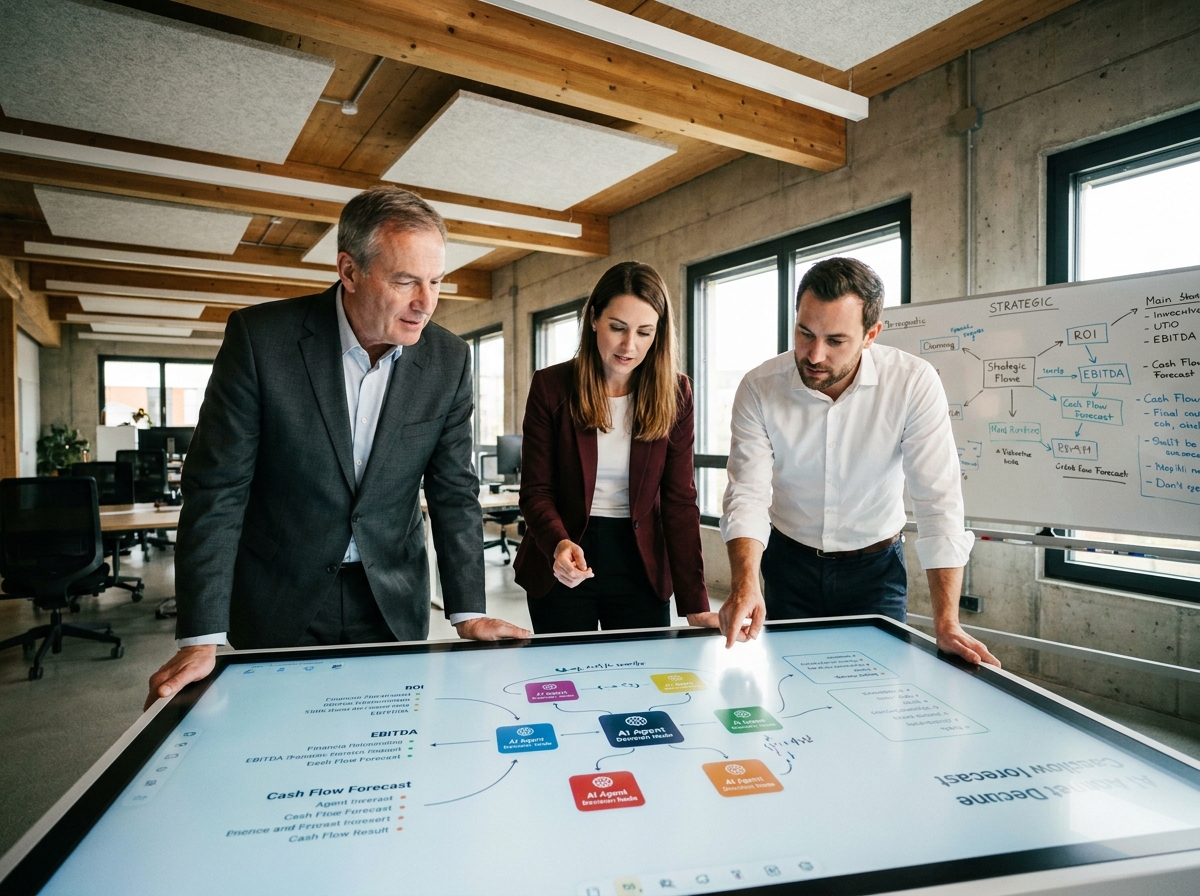 Équipe de direction financière collaborant autour d'un écran tactile affichant des flux ERP enrichis par des agents IA
