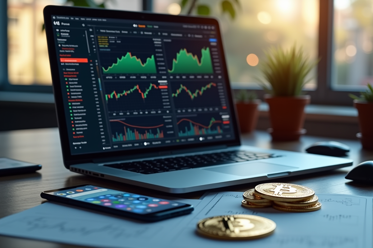 Espace de travail moderne avec ordinateur et bitcoin
