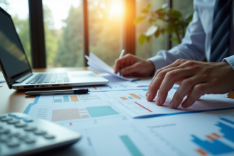 Espace de travail professionnel avec documents financiers et graphique
