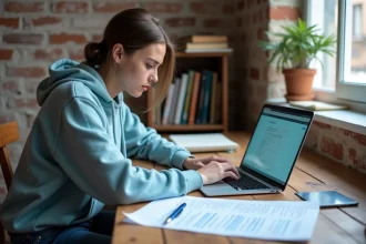 Étudiante remplissant un dossier CAF APL sur son bureau dans un appartement étudiant avec ordinateur portable et documents administratifs