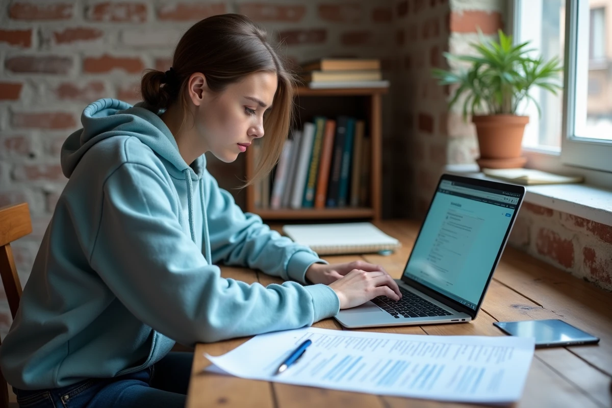 Étudiante remplissant un dossier CAF APL sur son bureau dans un appartement étudiant avec ordinateur portable et documents administratifs
