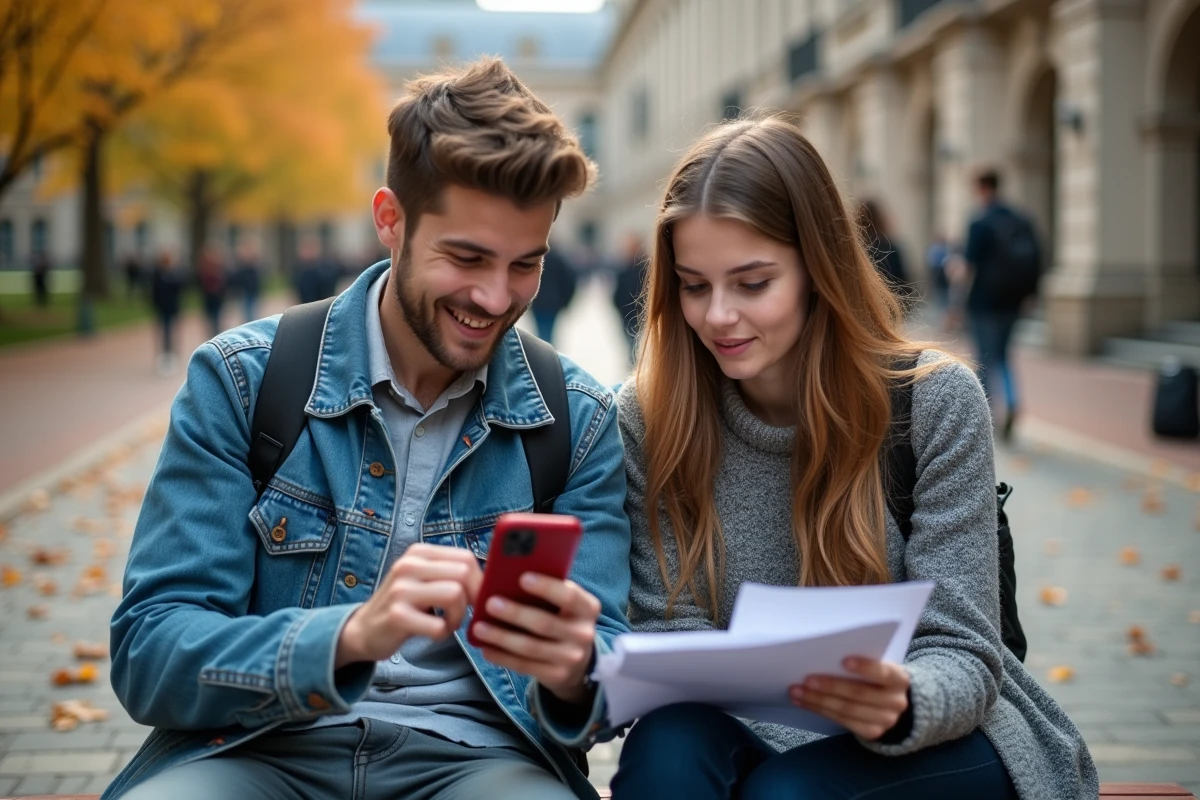 Deux étudiants consultant l'application CAF sur smartphone en extérieur sur un campus universitaire à la rentrée
