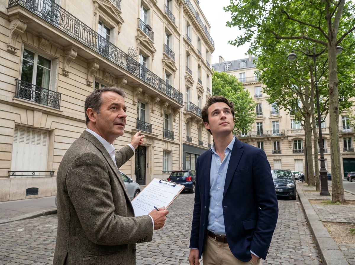 Deux professionnels évaluant un immeuble résidentiel avant un investissement locatif