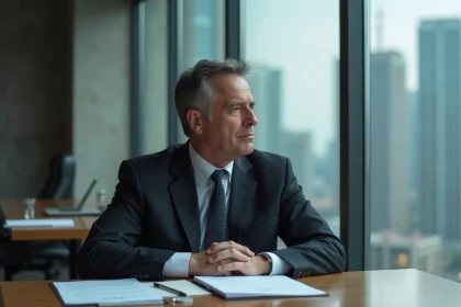 Homme d'affaires en costume sombre dans un bureau moderne