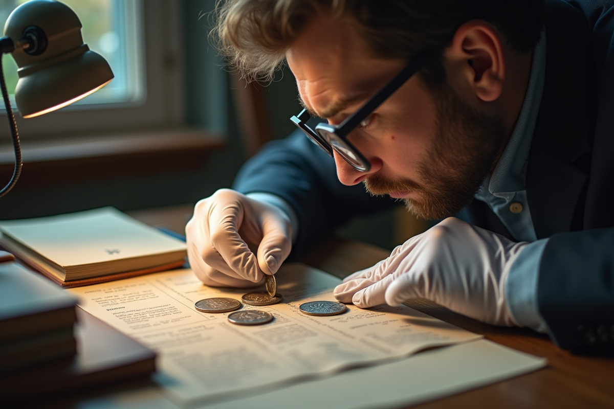 Numismate examinant une pièce rare avec loupe dans un espace lumineux