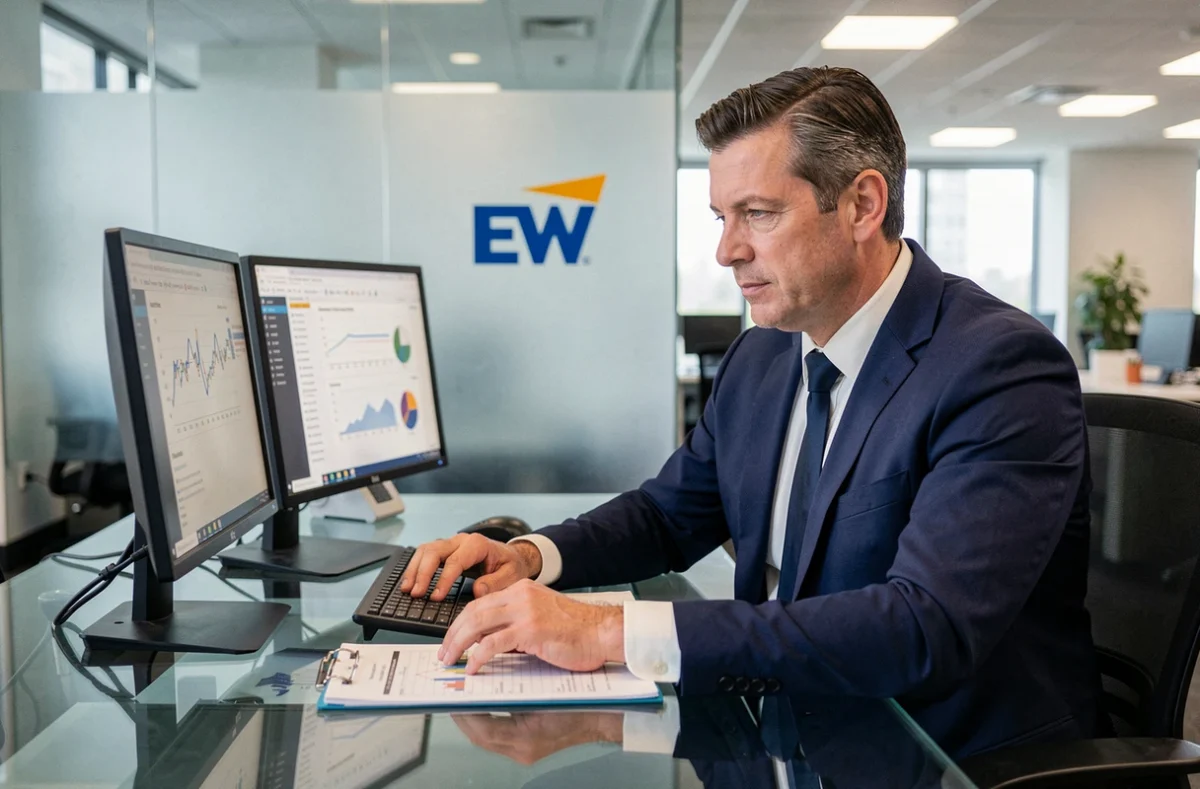 Comptable professionnel dans les bureaux d'EY Marseille analysant des données financières