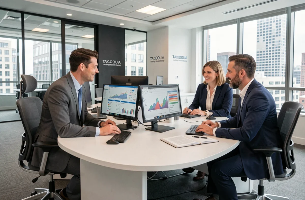 Équipe de conseillers fiscaux d'EY Marseille analysant des données financières sur plusieurs écrans dans un bureau moderne