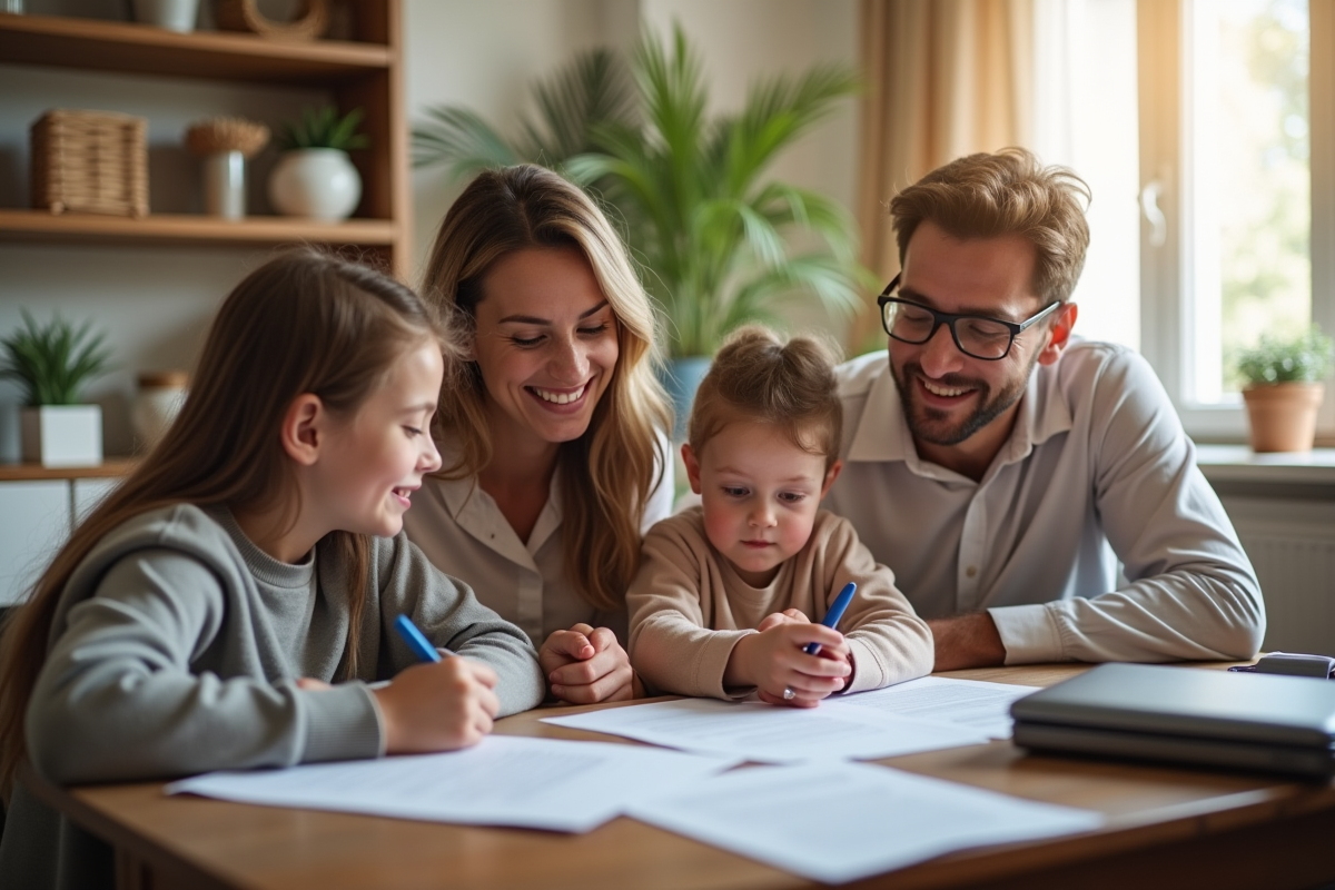 Famille heureuse examinant des papiers à la maison en toute confiance
