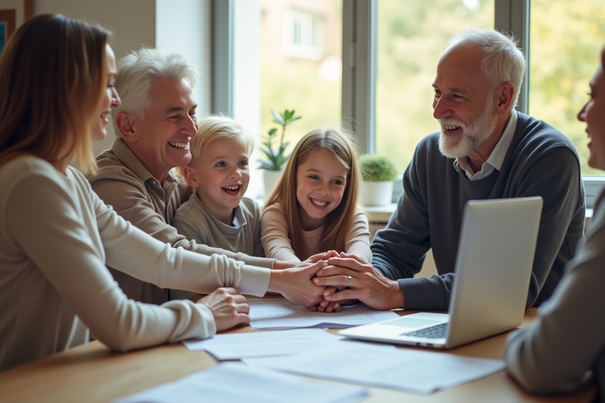 Famille souriante réunie autour d une table pour planification