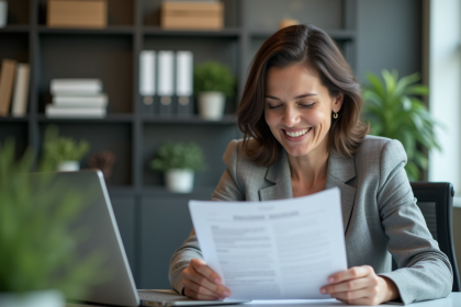 Femme d'affaires au bureau examine un document