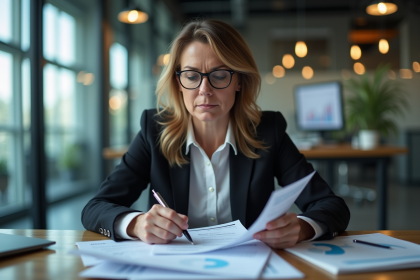 Femme d affaires concentr&eacute;e lisant un rapport financier