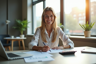 Femme d'affaires souriante au bureau avec documents et ordinateur