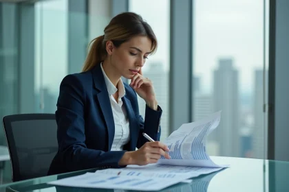 Femme d'affaires en costume analysant un rapport financier