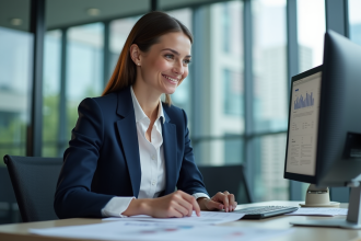 Femme d'affaires souriante dans son bureau moderne