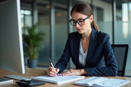 Femme d'affaires en costume bleu examine un rapport financier