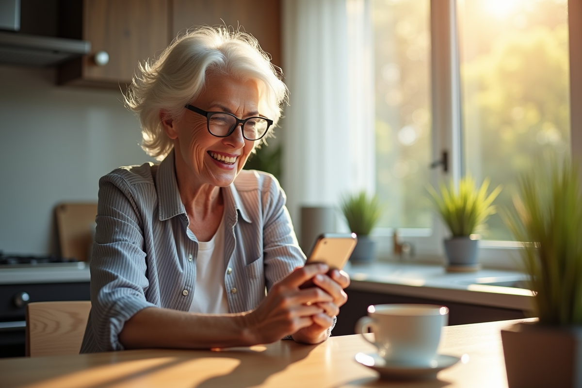 Femme senior souriante planifiant un rendez-vous avec son smartphone