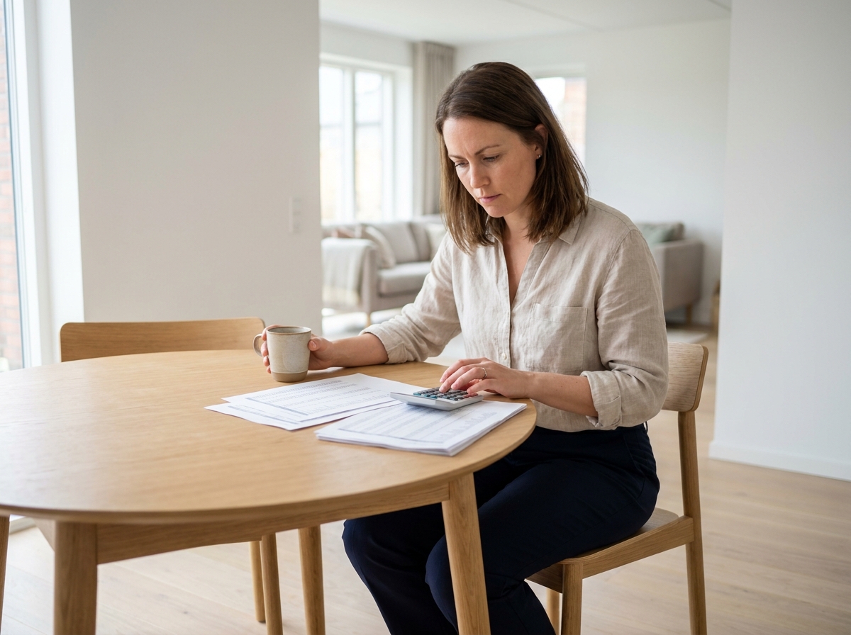Femme analysant des documents de projet d'investissement locatif à la maison
