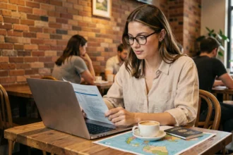 Femme consultant une assurance voyage en Asie sur son ordinateur dans un café avec passeport et carte sur la table