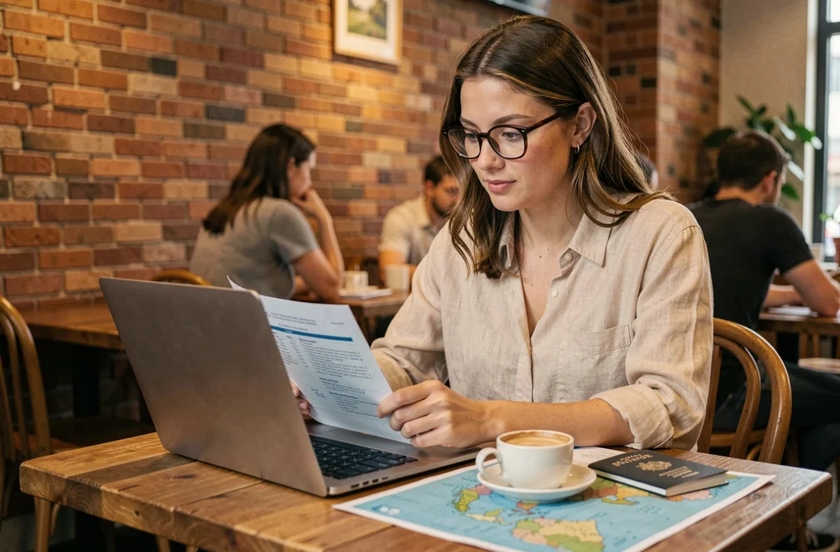 Femme consultant une assurance voyage en Asie sur son ordinateur dans un café avec passeport et carte sur la table