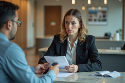 Femme d affaires anxieuse au guichet bancaire