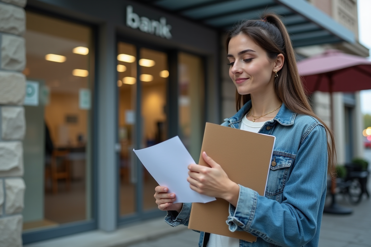Femme avec dossier financier devant une banque moderne