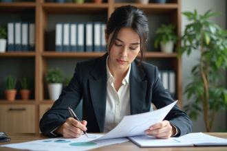 Femme en costume examinant un bilan financier au bureau