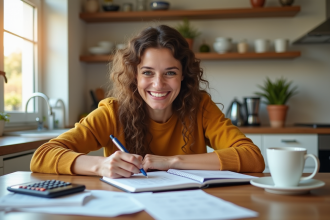 Femme souriante à la maison écrivant un budget