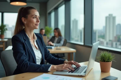 Femme professionnelle consultant son compte d'épargne salariale sur un ordinateur portable dans un bureau moderne