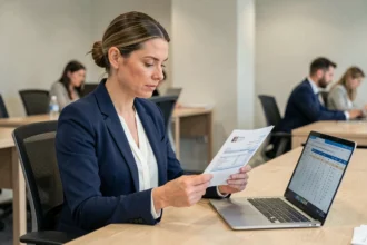 Femme cadre analysant une fiche de paie dans un bureau moderne, illustration de la conversion salaire brut en net