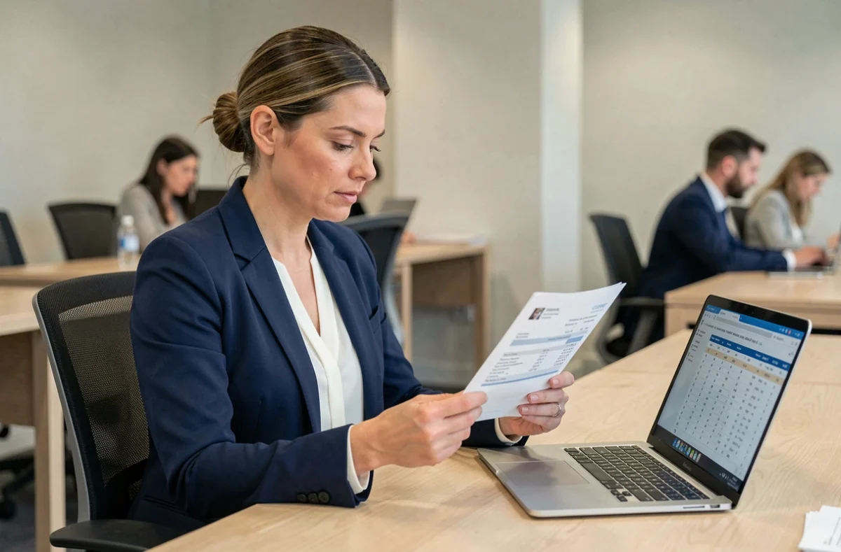 Femme cadre analysant une fiche de paie dans un bureau moderne, illustration de la conversion salaire brut en net