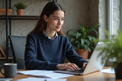 Jeune femme au bureau &agrave; domicile travaillant sur son ordinateur