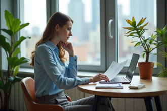 Jeune femme au bureau examine ses relevés bancaires