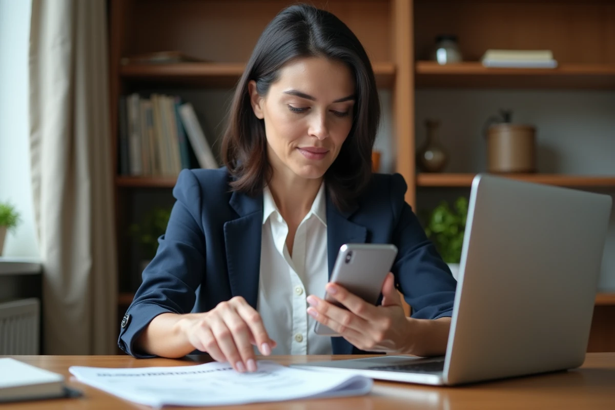 Femme d'âge moyen travaillant sur son smartphone dans un bureau moderne
