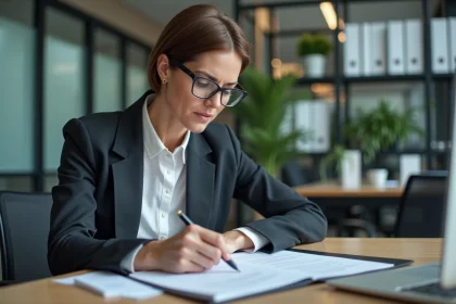 Femme d affaires assise au bureau en r&eacute;union