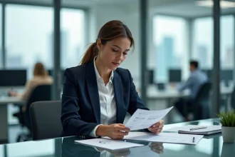 Femme cadre en entreprise analysant des documents financiers dans un bureau moderne avec vue sur la ville
