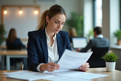 Femme cadre en entreprise consultant son solde tout compte lors d'une démission CDI
