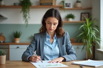 Femme en business casual calcule un prêt immobilier