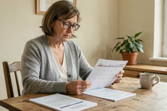 Femme consultant un calendrier de paiement de pension d'invalidité à domicile