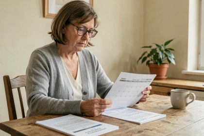 Femme consultant un calendrier de paiement de pension d'invalidité à domicile