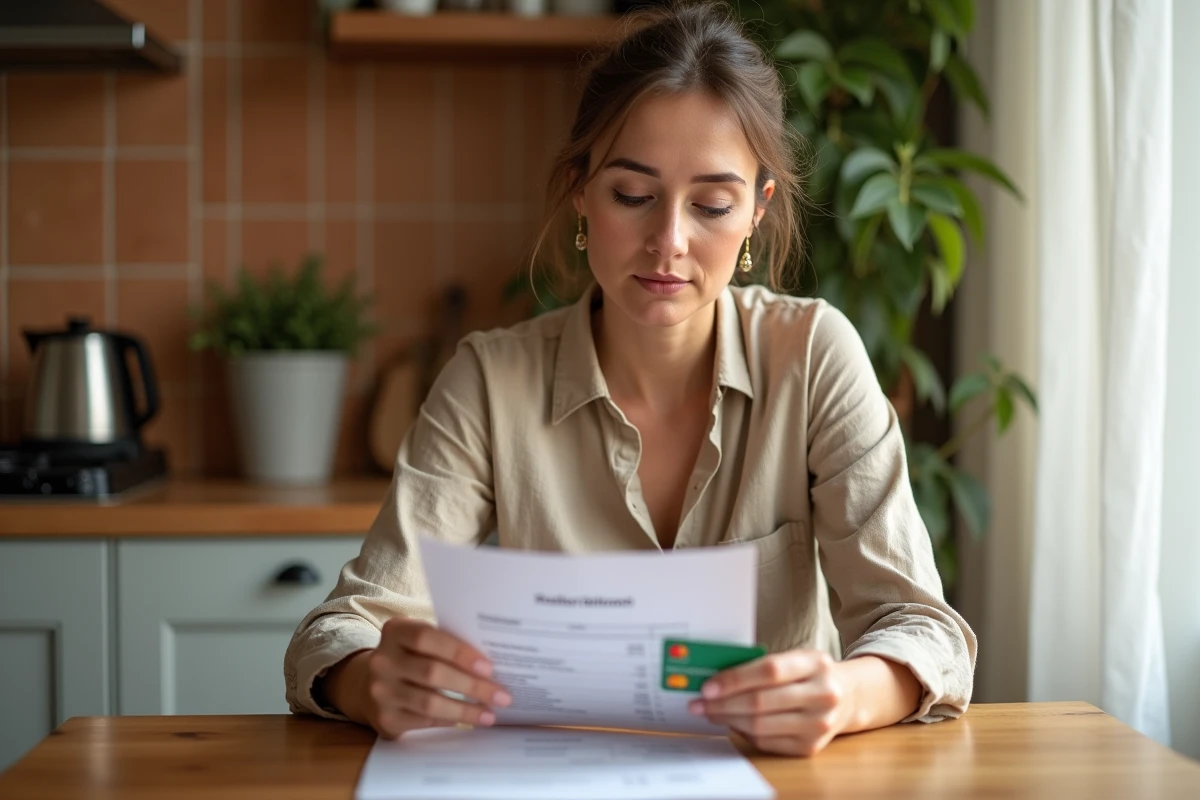 Femme consultant son relevé bancaire avec une carte Mastercard Crédit Agricole à la main dans une cuisine moderne