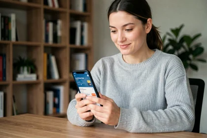 Femme utilisant une carte virtuelle CMB Virtualis sur son smartphone depuis son bureau à domicile