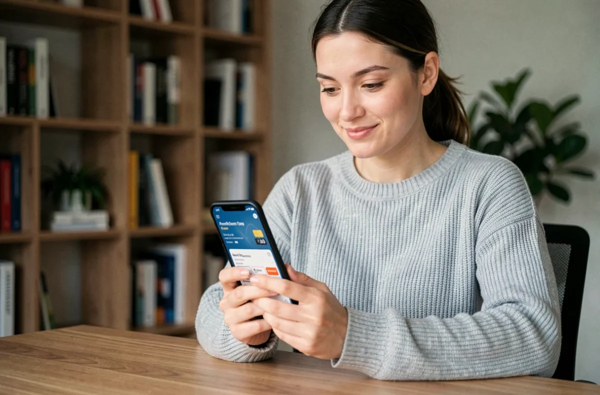 Femme utilisant une carte virtuelle CMB Virtualis sur son smartphone depuis son bureau à domicile