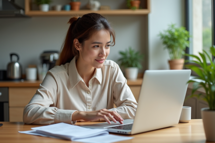 Femme regardant son ordinateur et ses reçus cashback