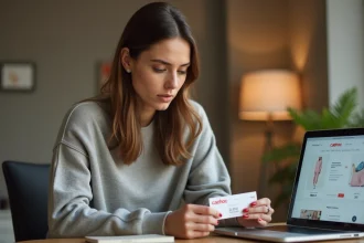 Femme examinant un chèque Cadhoc à son bureau avec un ordinateur portable affichant un site de commerce en ligne
