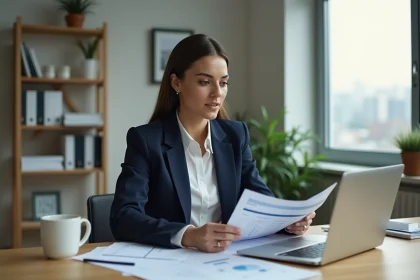 Femme comparant des offres bancaires sur ordinateur portable dans un bureau à domicile moderne