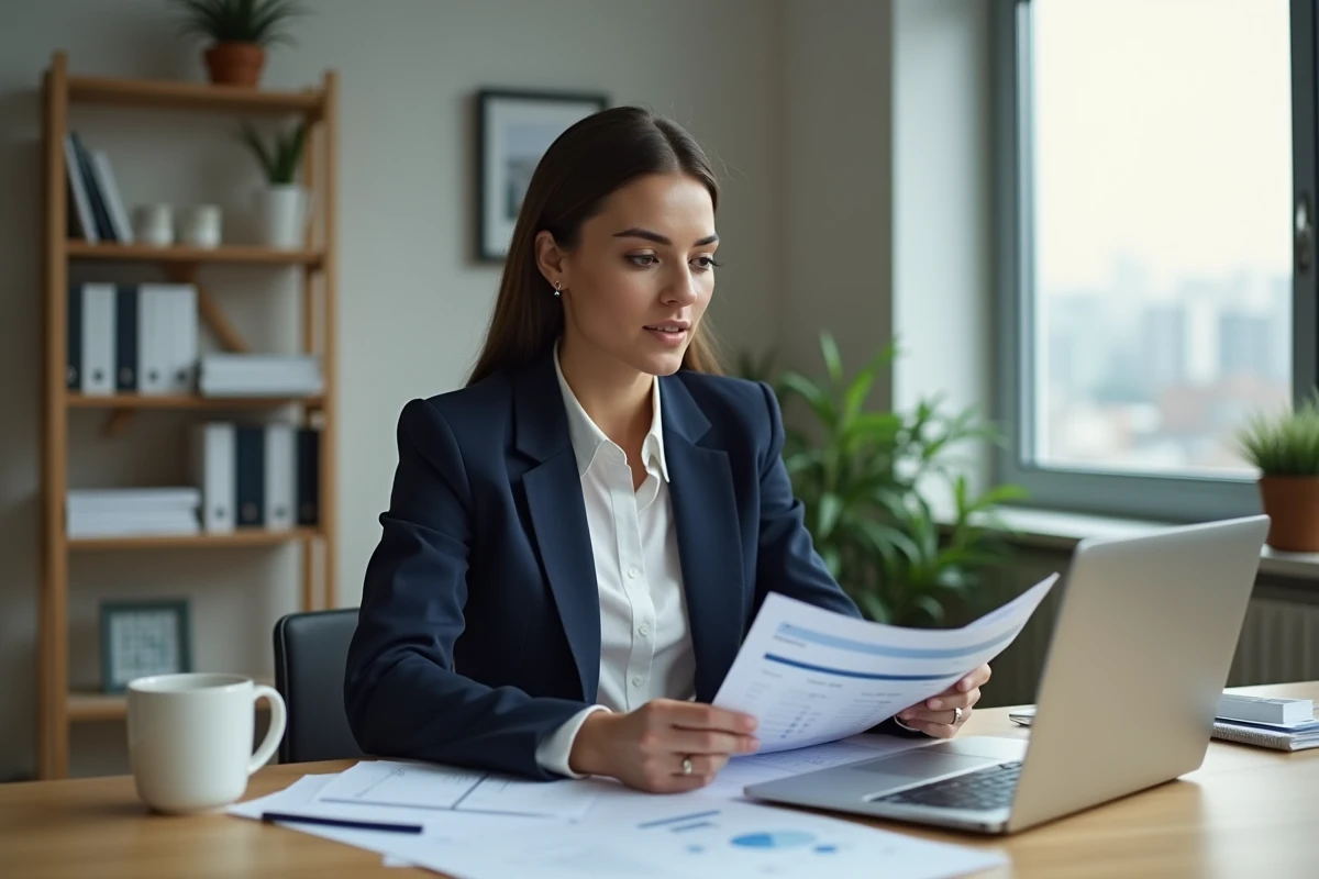 Femme comparant des offres bancaires sur ordinateur portable dans un bureau à domicile moderne