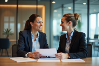 Femme souriante avec conseiller bancaire dans une agence moderne